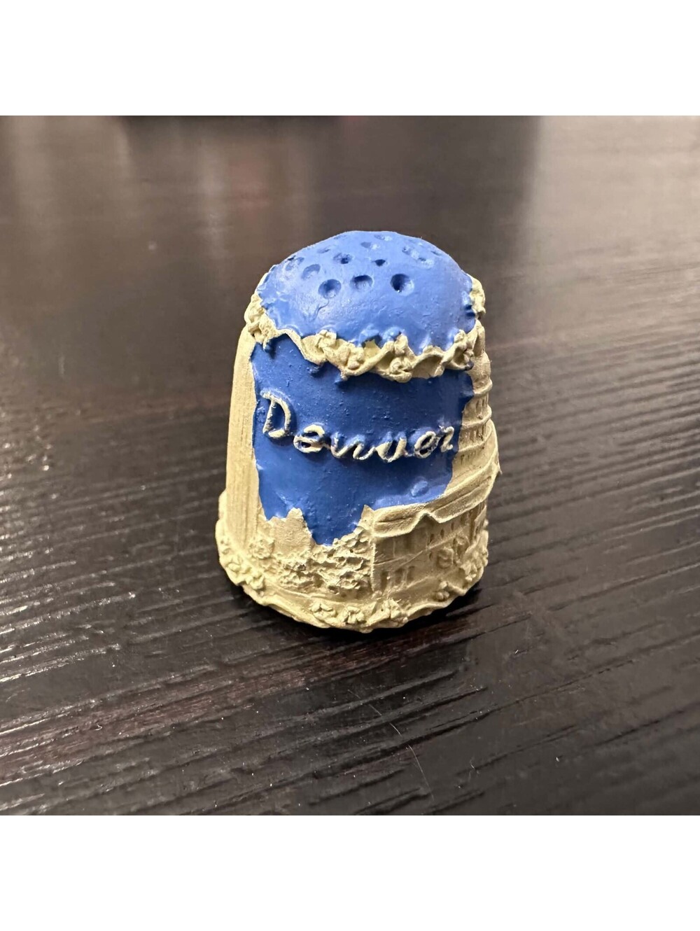 Denver Colorado Skyline Souvenir Thimble Blue Tan City Landmark Collectible EUC